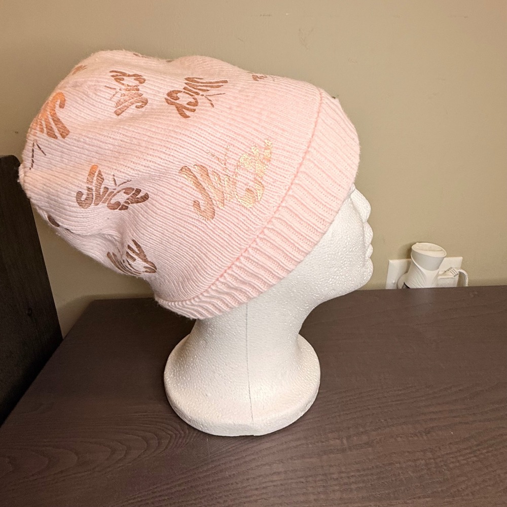 Juicy Couture Kids Pink Knit Beanie Rose Gold Logo Metallic Y2K Faux Fur Lined